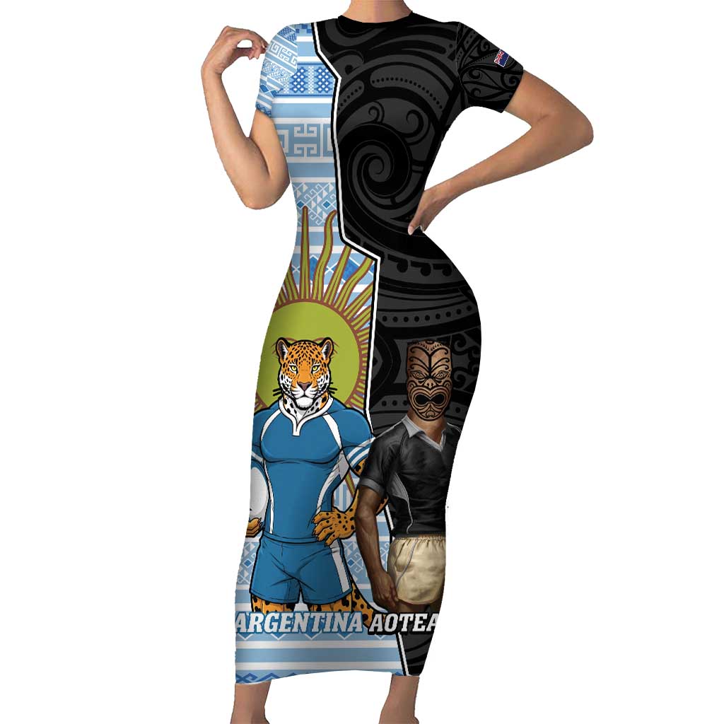 New Zealand Argentina Rugby Custom Short Sleeve Bodycon Dress 2025 Los Pumas All Black Together LT14 Long Dress Black - Polynesian Pride