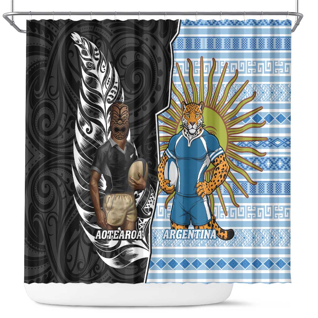 New Zealand Argentina Rugby Shower Curtain 2025 Los Pumas All Black Together LT14 Black - Polynesian Pride