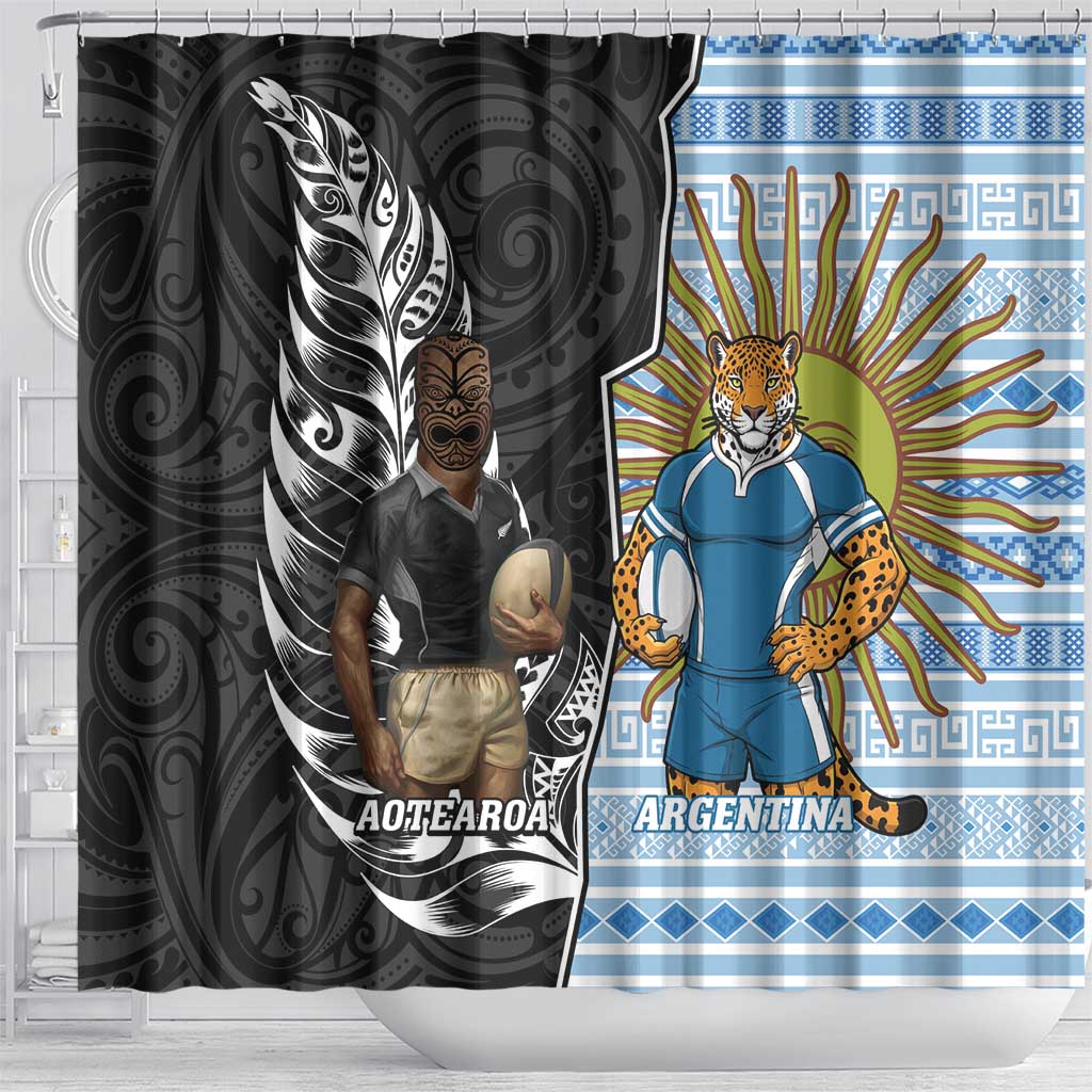 New Zealand Argentina Rugby Shower Curtain 2025 Los Pumas All Black Together LT14 - Polynesian Pride