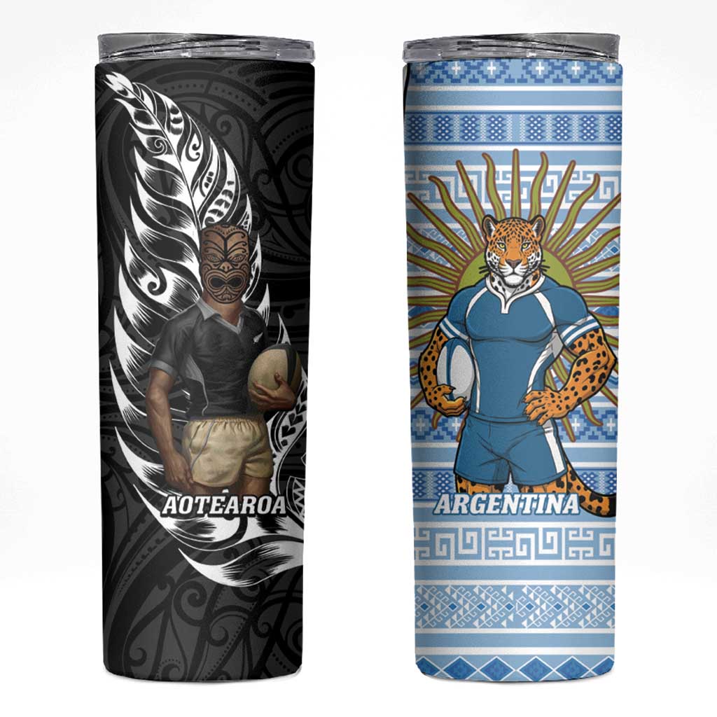 New Zealand Argentina Rugby Skinny Tumbler 2025 Los Pumas All Black Together LT14 Black - Polynesian Pride