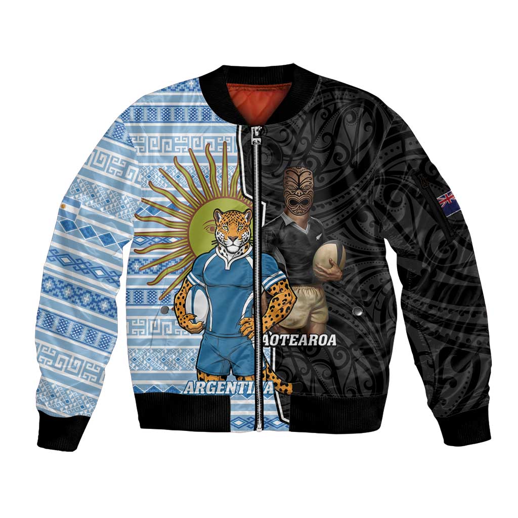New Zealand Argentina Rugby Custom Sleeve Zip Bomber Jacket 2025 Los Pumas All Black Together LT14 Unisex Black - Polynesian Pride