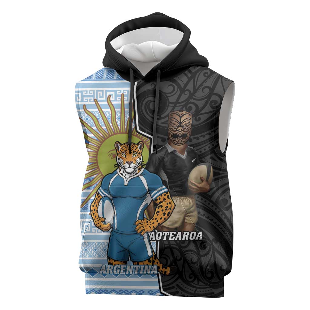 New Zealand Argentina Rugby Custom Sleeveless Hoodie 2025 Los Pumas All Black Together LT14 Black - Polynesian Pride