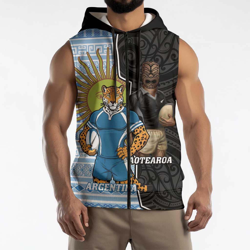 New Zealand Argentina Rugby Custom Sleeveless Zip Hoodie 2025 Los Pumas All Black Together LT14 - Polynesian Pride