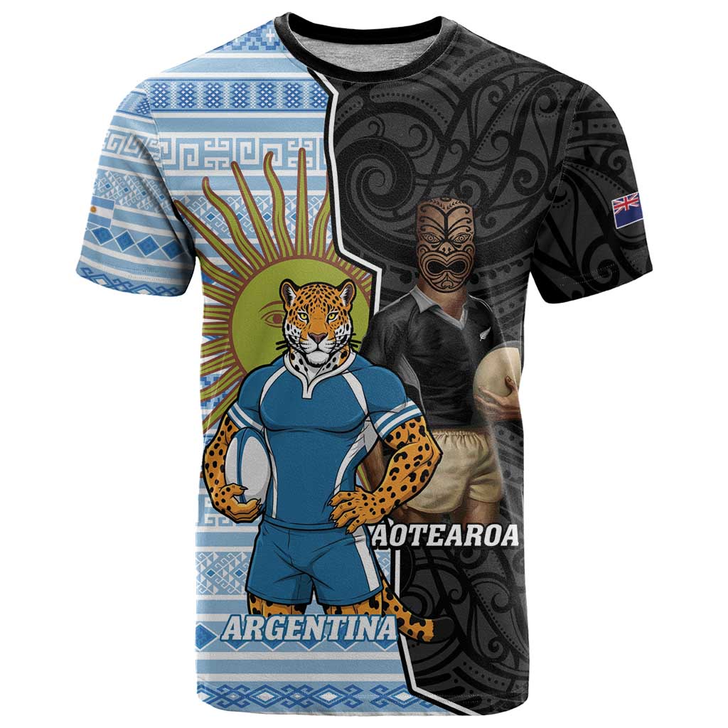 New Zealand Argentina Rugby Custom T Shirt 2025 Los Pumas All Black Together LT14 Black - Polynesian Pride