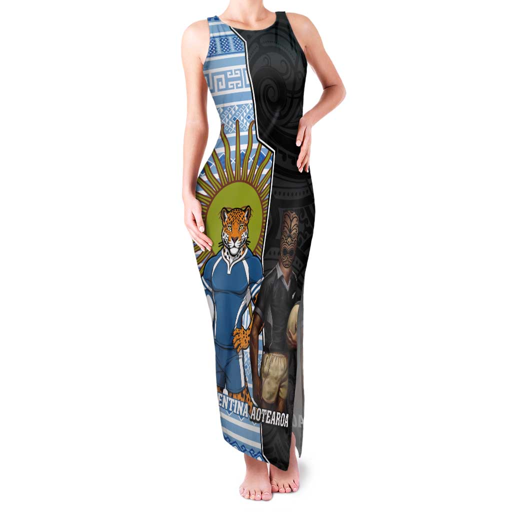 New Zealand Argentina Rugby Custom Tank Maxi Dress 2025 Los Pumas All Black Together LT14 Women Black - Polynesian Pride
