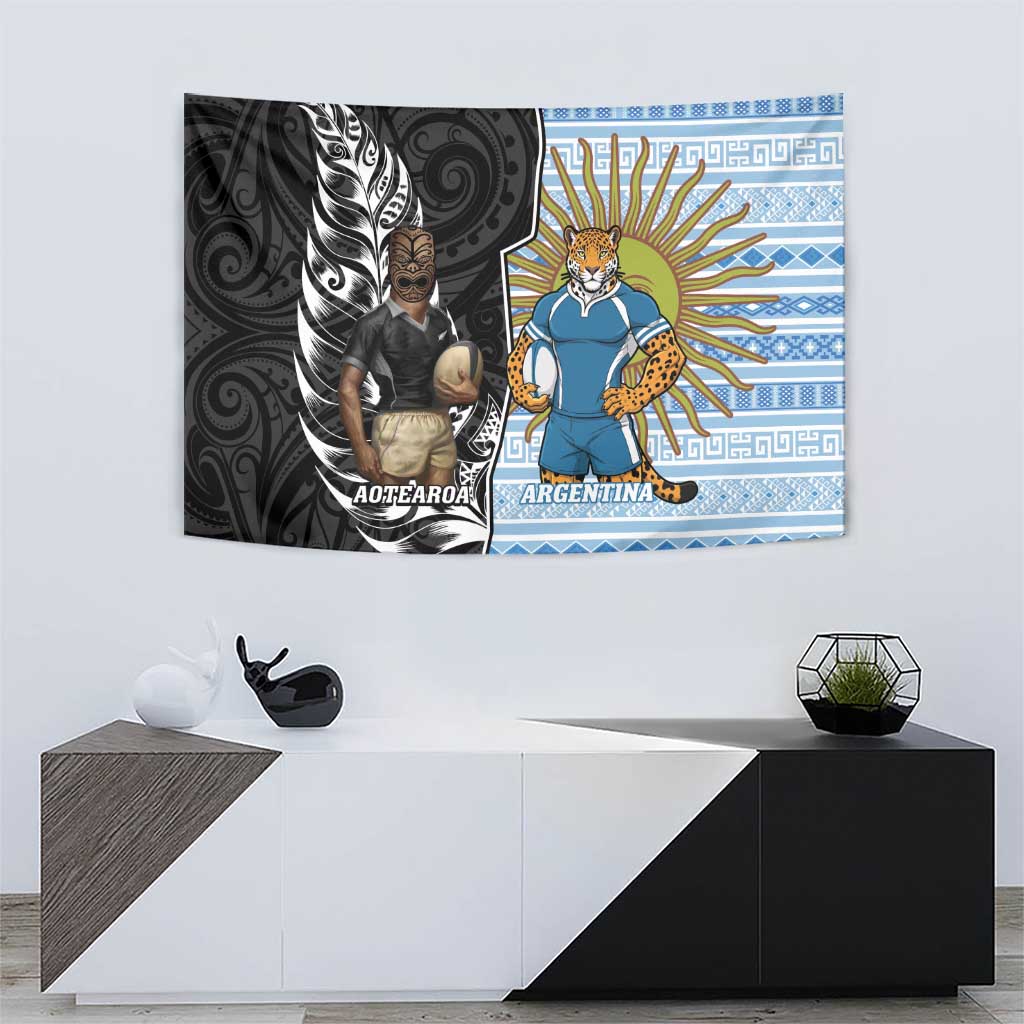 New Zealand Argentina Rugby Tapestry 2025 Los Pumas All Black Together LT14 - Polynesian Pride