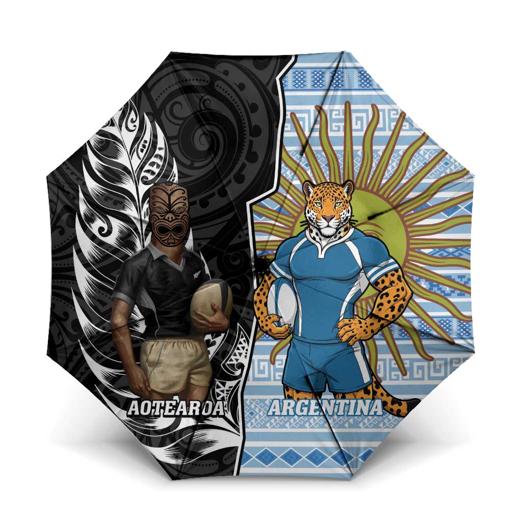 New Zealand Argentina Rugby Umbrella 2025 Los Pumas All Black Together LT14 One Size Folded 11.42 inch Opened Diameter 37.4 inch Black - Polynesian Pride
