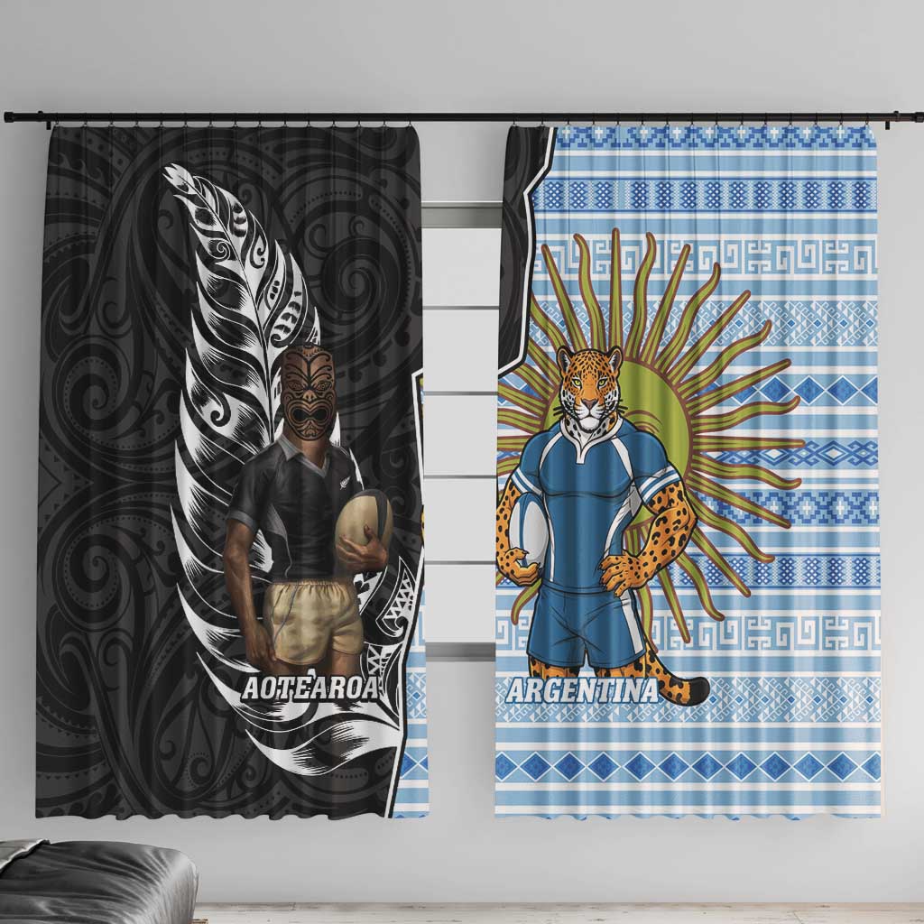 New Zealand Argentina Rugby Window Curtain 2025 Los Pumas All Black Together LT14 With Hooks Black - Polynesian Pride