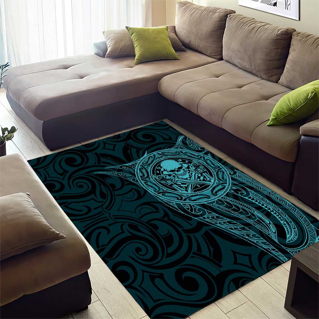 New Zealand Skull Darts Area Rug Aotearoa Maori Chest Tattoo Stylized Teal - Polynesian Pride