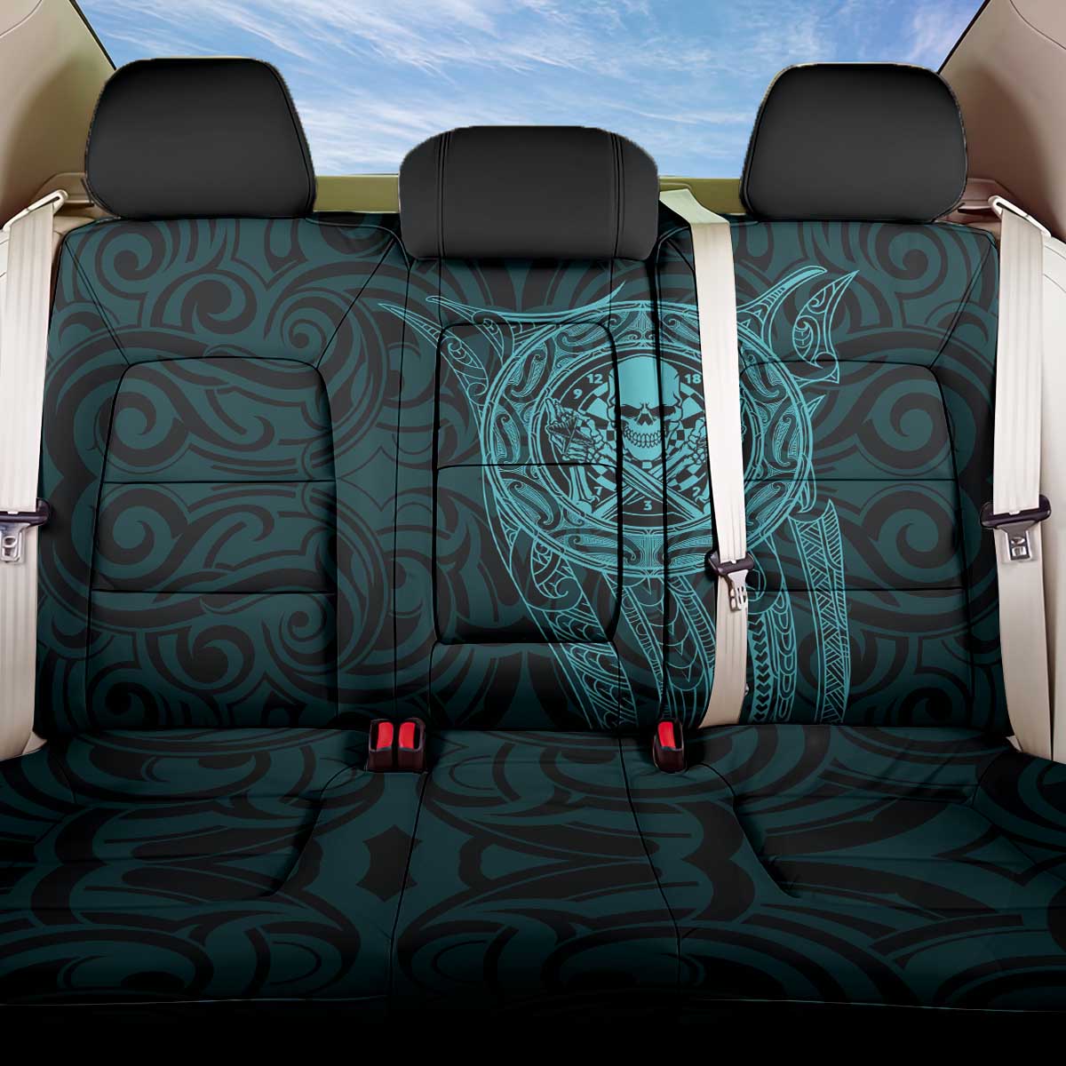 New Zealand Skull Darts Back Car Seat Cover Aotearoa Maori Chest Tattoo Stylized Teal - Polynesian Pride