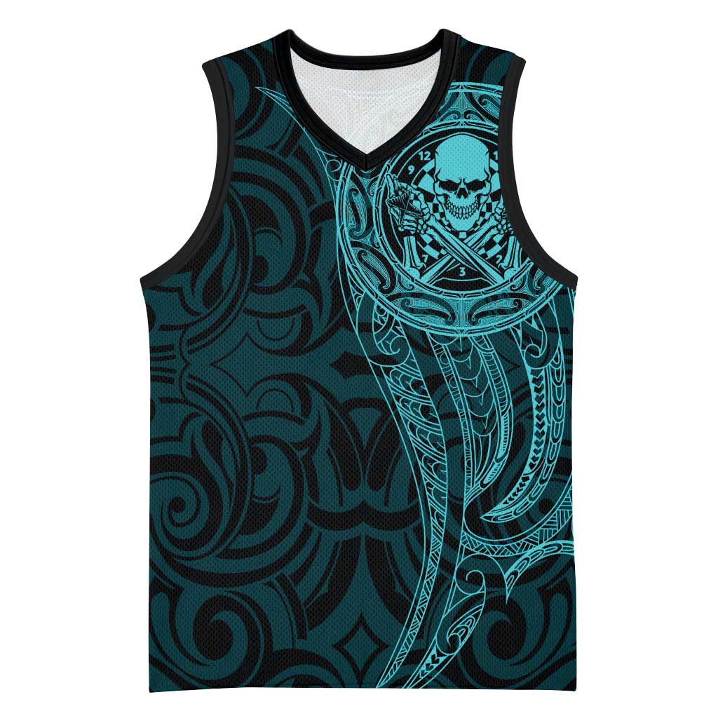 New Zealand Skull Darts Basketball Jersey Aotearoa Maori Chest Tattoo Stylized Teal LT14 Unisex Teal - Polynesian Pride