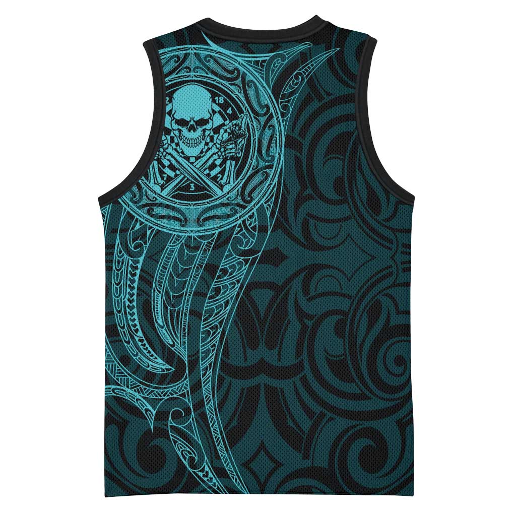 New Zealand Skull Darts Basketball Jersey Aotearoa Maori Chest Tattoo Stylized Teal LT14 - Polynesian Pride