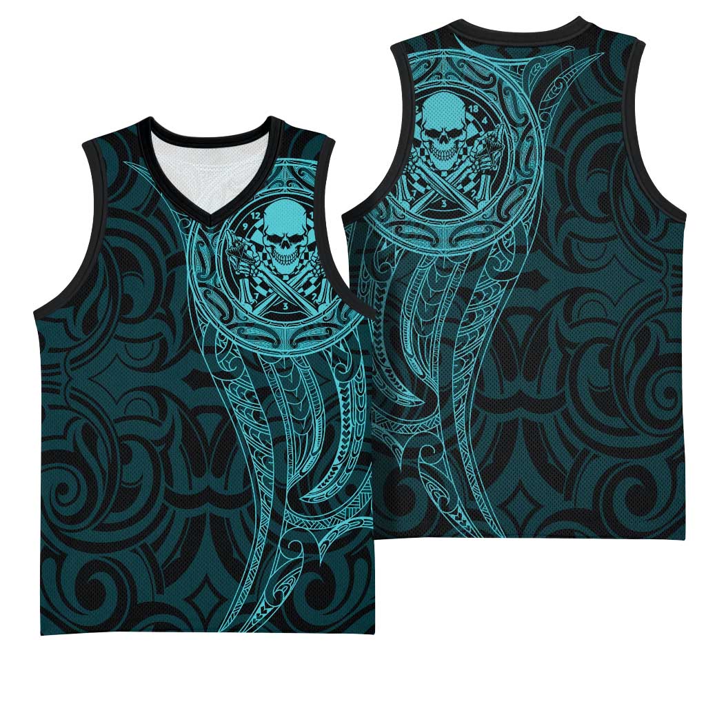 New Zealand Skull Darts Basketball Jersey Aotearoa Maori Chest Tattoo Stylized Teal LT14 - Polynesian Pride