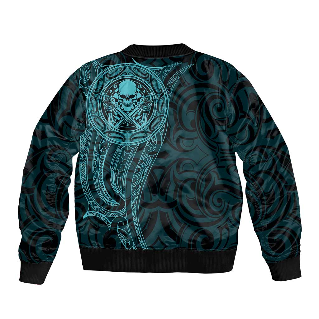 New Zealand Skull Darts Bomber Jacket Aotearoa Maori Chest Tattoo Stylized Teal - Polynesian Pride