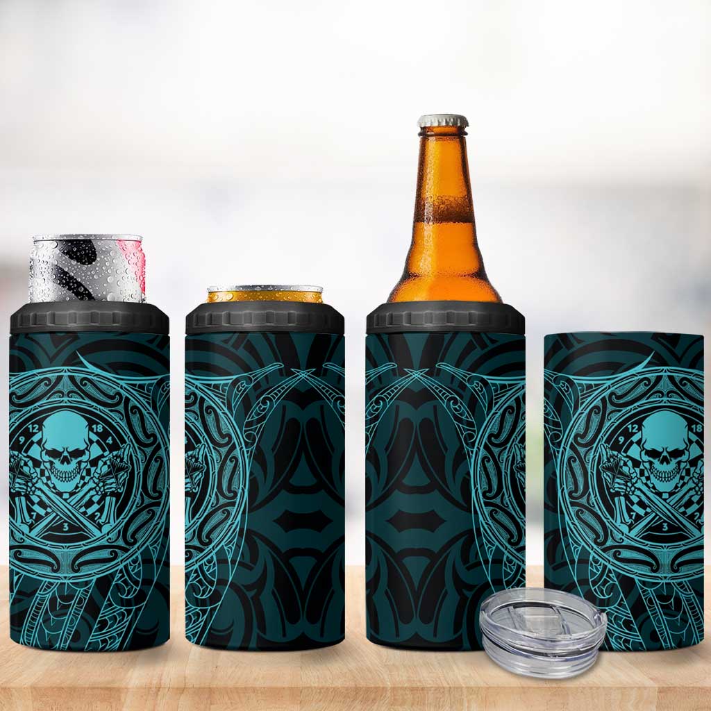 New Zealand Skull Darts 4 in 1 Can Cooler Tumbler Aotearoa Maori Chest Tattoo Stylized Teal LT14 - Polynesian Pride