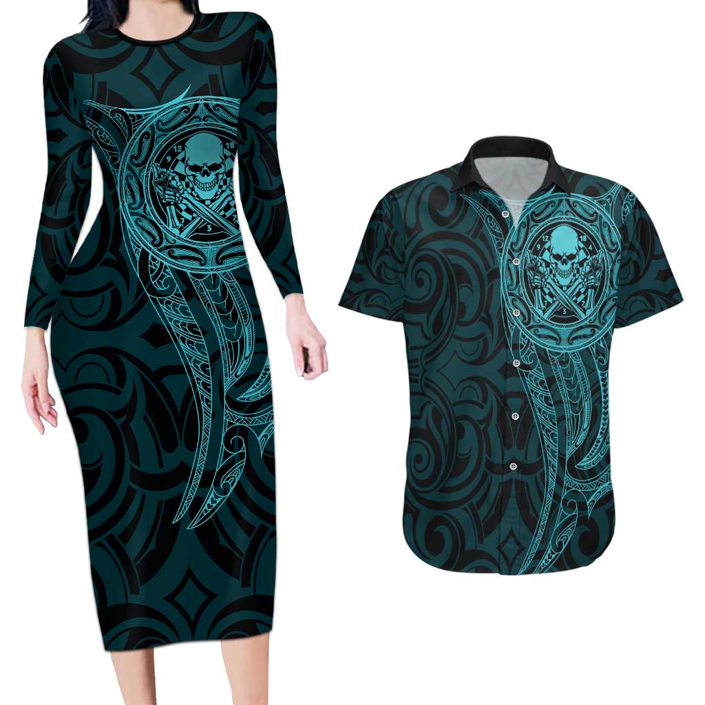 New Zealand Skull Darts Couples Matching Long Sleeve Bodycon Dress and Hawaiian Shirt Aotearoa Maori Chest Tattoo Stylized Teal LT14 Teal - Polynesian Pride