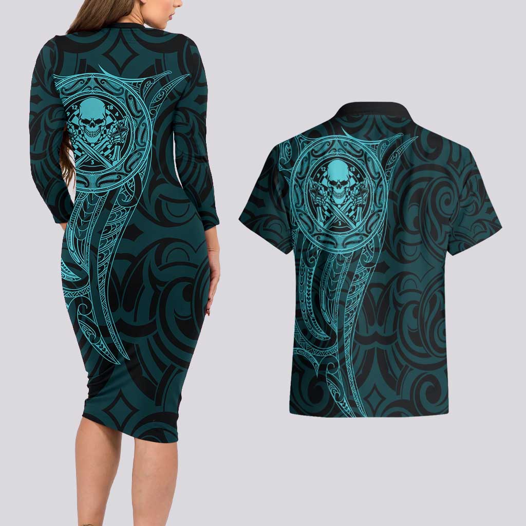 New Zealand Skull Darts Couples Matching Long Sleeve Bodycon Dress and Hawaiian Shirt Aotearoa Maori Chest Tattoo Stylized Teal LT14 - Polynesian Pride