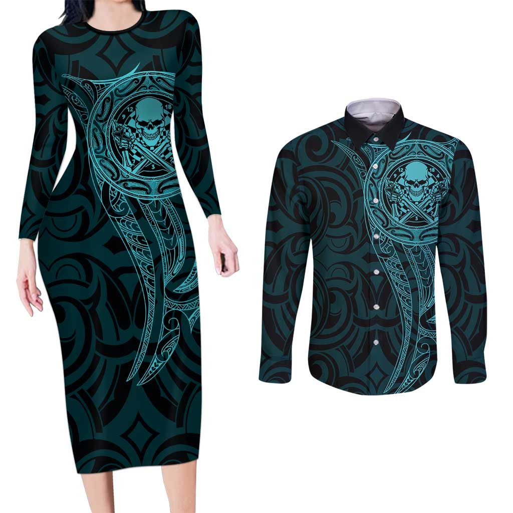 New Zealand Skull Darts Couples Matching Long Sleeve Bodycon Dress and Long Sleeve Button Shirt Aotearoa Maori Chest Tattoo Stylized Teal LT14 Teal - Polynesian Pride