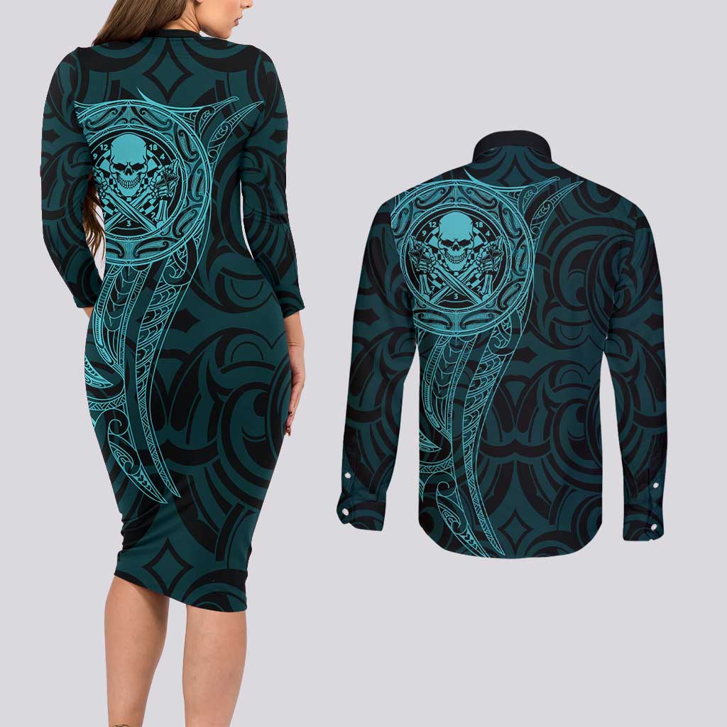 New Zealand Skull Darts Couples Matching Long Sleeve Bodycon Dress and Long Sleeve Button Shirt Aotearoa Maori Chest Tattoo Stylized Teal LT14 - Polynesian Pride