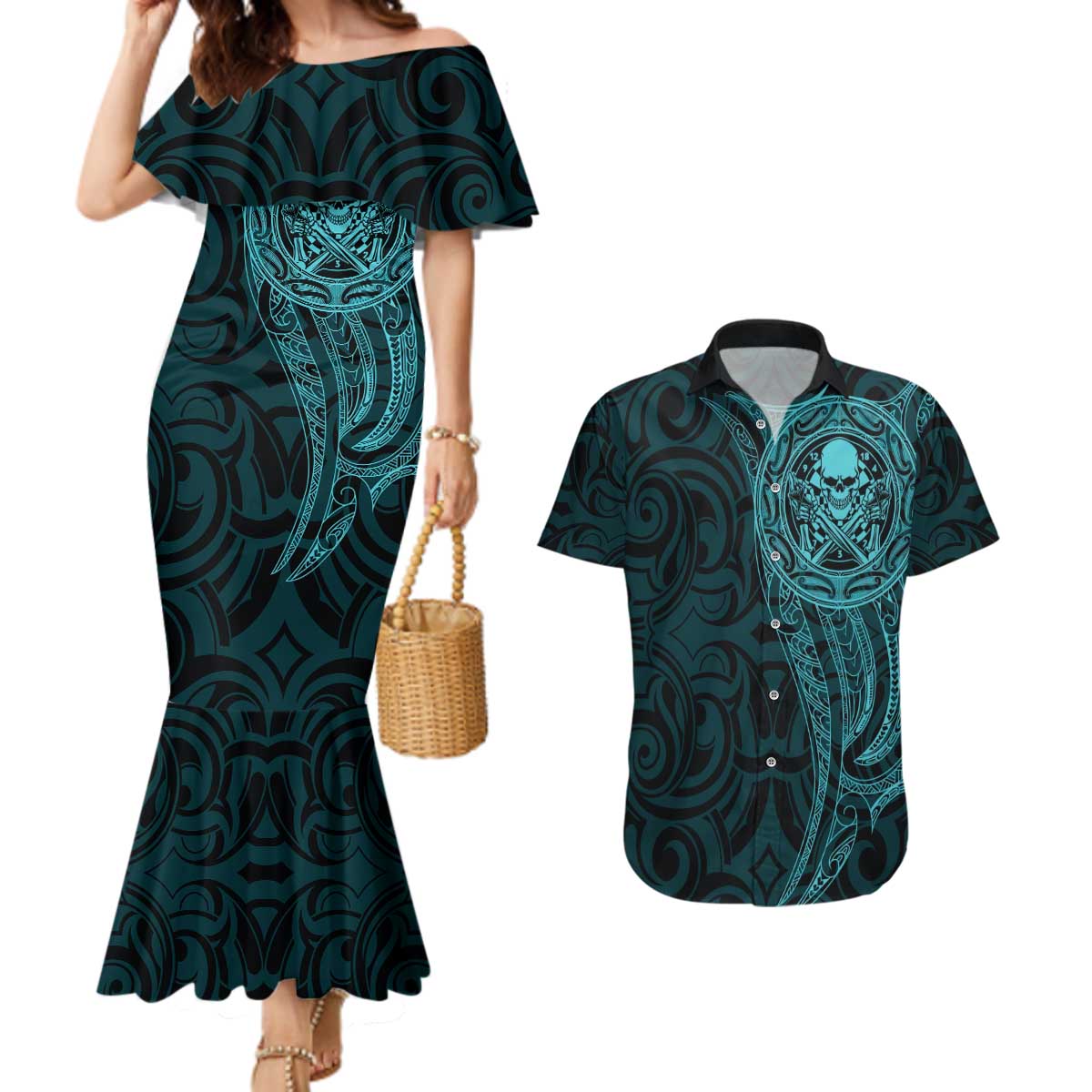 New Zealand Skull Darts Couples Matching Mermaid Dress and Hawaiian Shirt Aotearoa Maori Chest Tattoo Stylized Teal LT14 Teal - Polynesian Pride