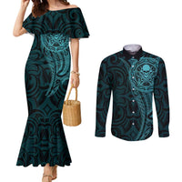 New Zealand Skull Darts Couples Matching Mermaid Dress and Long Sleeve Button Shirt Aotearoa Maori Chest Tattoo Stylized Teal LT14 Teal - Polynesian Pride
