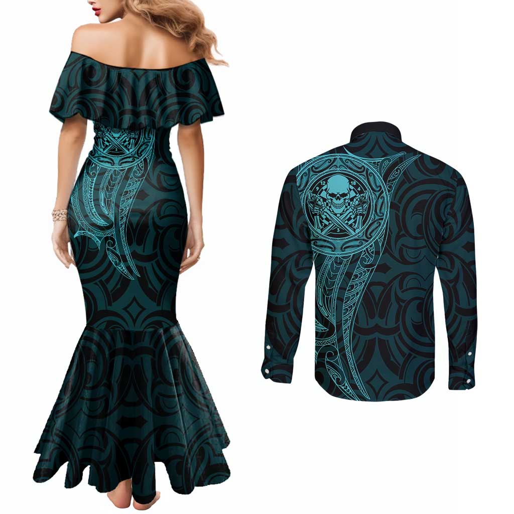 New Zealand Skull Darts Couples Matching Mermaid Dress and Long Sleeve Button Shirt Aotearoa Maori Chest Tattoo Stylized Teal LT14 - Polynesian Pride