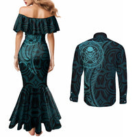 New Zealand Skull Darts Couples Matching Mermaid Dress and Long Sleeve Button Shirt Aotearoa Maori Chest Tattoo Stylized Teal LT14 - Polynesian Pride