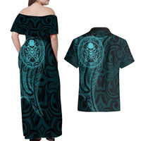 New Zealand Skull Darts Couples Matching Off Shoulder Maxi Dress and Hawaiian Shirt Aotearoa Maori Chest Tattoo Stylized Teal LT14 - Polynesian Pride
