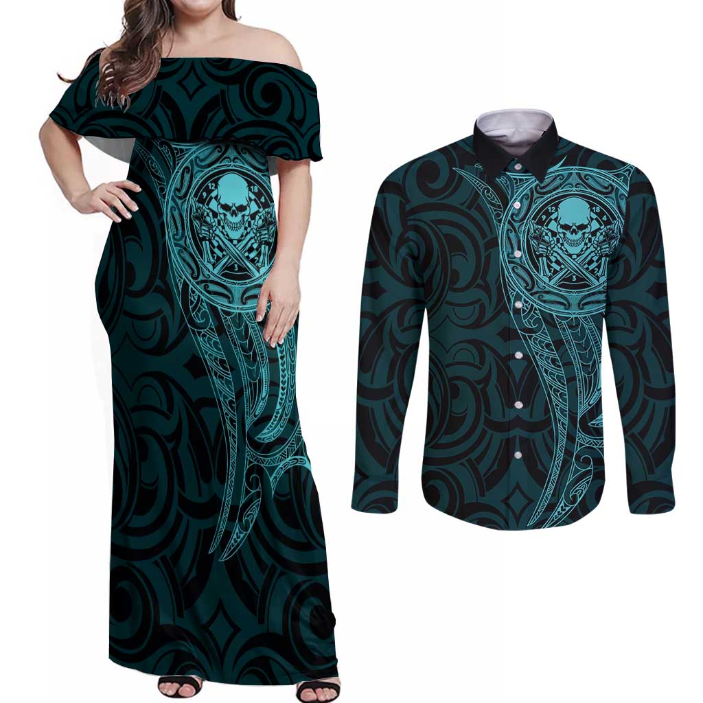 New Zealand Skull Darts Couples Matching Off Shoulder Maxi Dress and Long Sleeve Button Shirt Aotearoa Maori Chest Tattoo Stylized Teal LT14 Teal - Polynesian Pride