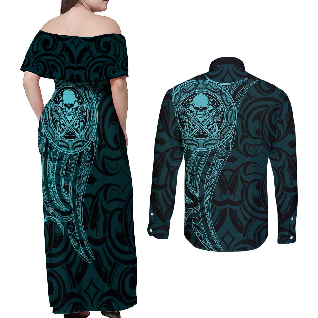 New Zealand Skull Darts Couples Matching Off Shoulder Maxi Dress and Long Sleeve Button Shirt Aotearoa Maori Chest Tattoo Stylized Teal LT14 - Polynesian Pride