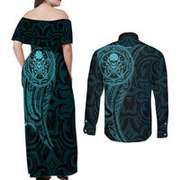 New Zealand Skull Darts Couples Matching Off Shoulder Maxi Dress and Long Sleeve Button Shirt Aotearoa Maori Chest Tattoo Stylized Teal LT14 - Polynesian Pride