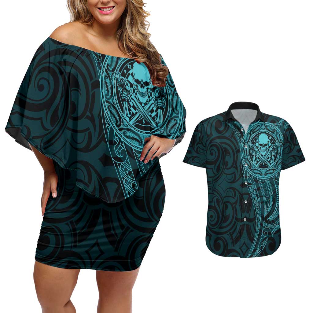 New Zealand Skull Darts Couples Matching Off Shoulder Short Dress and Hawaiian Shirt Aotearoa Maori Chest Tattoo Stylized Teal LT14 Teal - Polynesian Pride