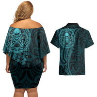 New Zealand Skull Darts Couples Matching Off Shoulder Short Dress and Hawaiian Shirt Aotearoa Maori Chest Tattoo Stylized Teal LT14 - Polynesian Pride