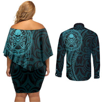 New Zealand Skull Darts Couples Matching Off Shoulder Short Dress and Long Sleeve Button Shirt Aotearoa Maori Chest Tattoo Stylized Teal LT14 - Polynesian Pride