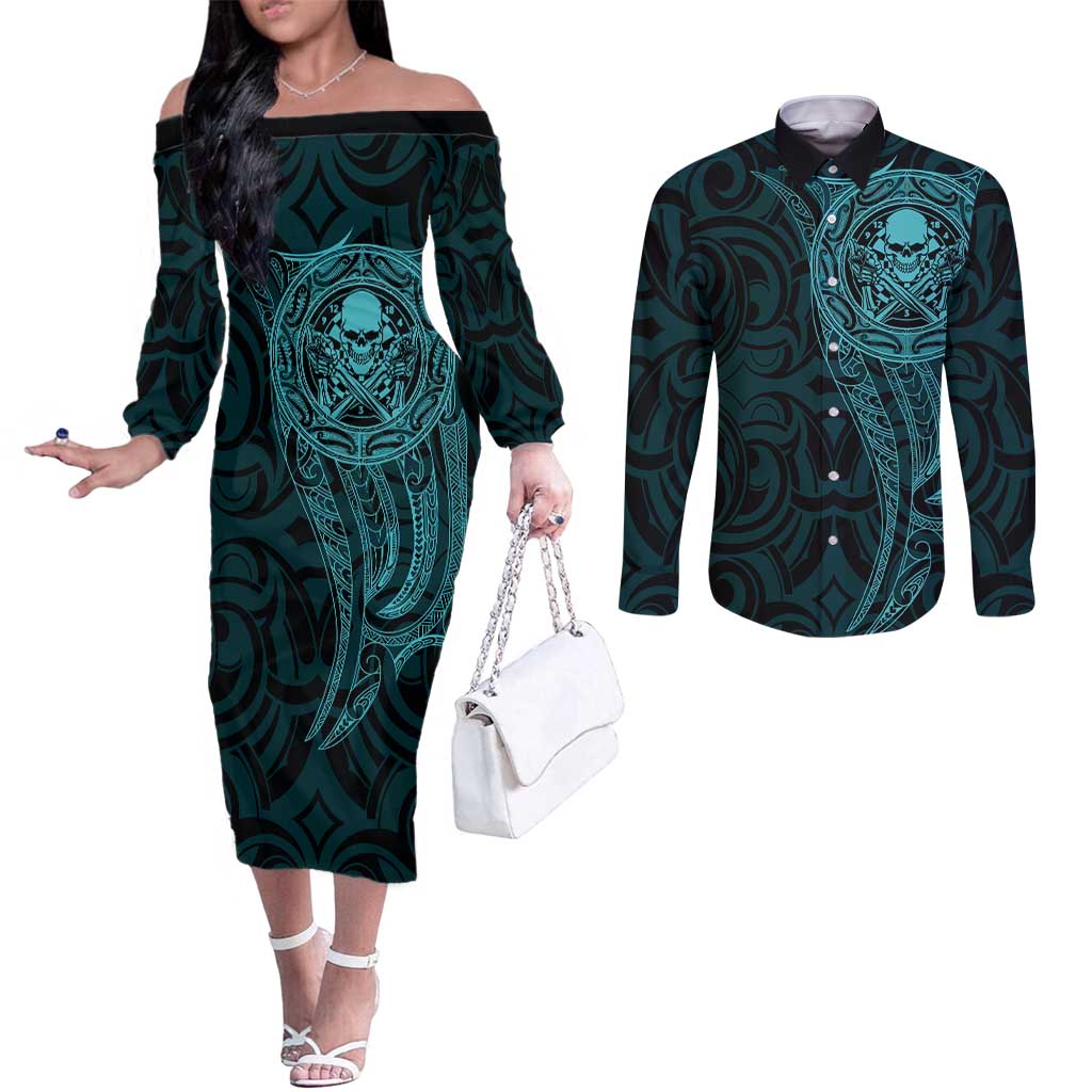 New Zealand Skull Darts Couples Matching Off The Shoulder Long Sleeve Dress and Long Sleeve Button Shirt Aotearoa Maori Chest Tattoo Stylized Teal LT14 Teal - Polynesian Pride