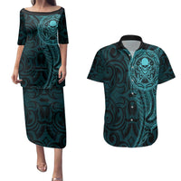 New Zealand Skull Darts Couples Matching Puletasi and Hawaiian Shirt Aotearoa Maori Chest Tattoo Stylized Teal LT14 Teal - Polynesian Pride