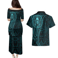 New Zealand Skull Darts Couples Matching Puletasi and Hawaiian Shirt Aotearoa Maori Chest Tattoo Stylized Teal LT14 - Polynesian Pride