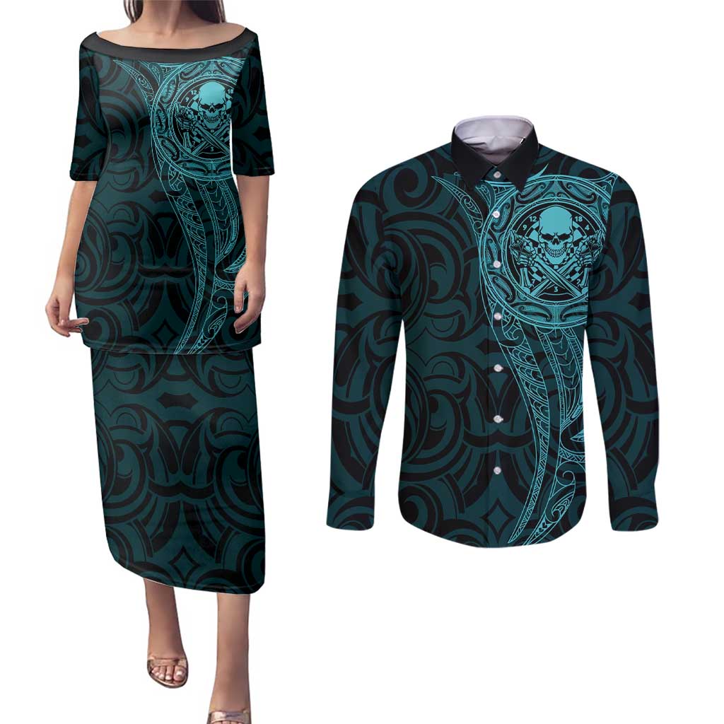 New Zealand Skull Darts Couples Matching Puletasi and Long Sleeve Button Shirt Aotearoa Maori Chest Tattoo Stylized Teal LT14 Teal - Polynesian Pride