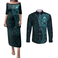 New Zealand Skull Darts Couples Matching Puletasi and Long Sleeve Button Shirt Aotearoa Maori Chest Tattoo Stylized Teal LT14 Teal - Polynesian Pride