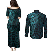 New Zealand Skull Darts Couples Matching Puletasi and Long Sleeve Button Shirt Aotearoa Maori Chest Tattoo Stylized Teal LT14 - Polynesian Pride