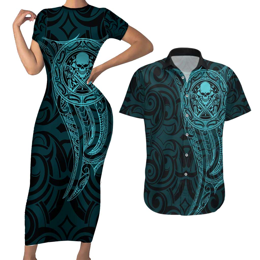 New Zealand Skull Darts Couples Matching Short Sleeve Bodycon Dress and Hawaiian Shirt Aotearoa Maori Chest Tattoo Stylized Teal LT14 Teal - Polynesian Pride