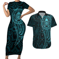 New Zealand Skull Darts Couples Matching Short Sleeve Bodycon Dress and Hawaiian Shirt Aotearoa Maori Chest Tattoo Stylized Teal LT14 Teal - Polynesian Pride