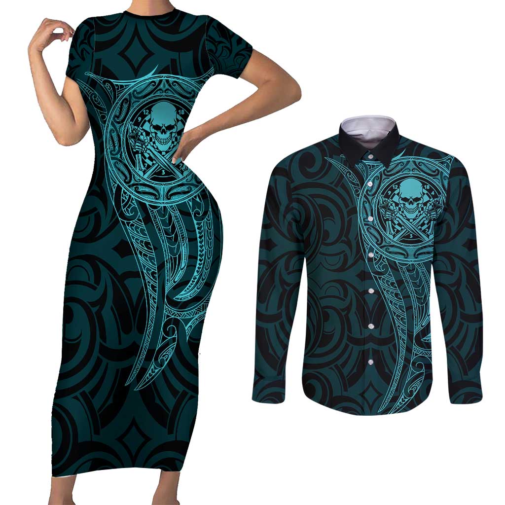 New Zealand Skull Darts Couples Matching Short Sleeve Bodycon Dress and Long Sleeve Button Shirt Aotearoa Maori Chest Tattoo Stylized Teal LT14 Teal - Polynesian Pride