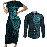 New Zealand Skull Darts Couples Matching Short Sleeve Bodycon Dress and Long Sleeve Button Shirt Aotearoa Maori Chest Tattoo Stylized Teal LT14 Teal - Polynesian Pride