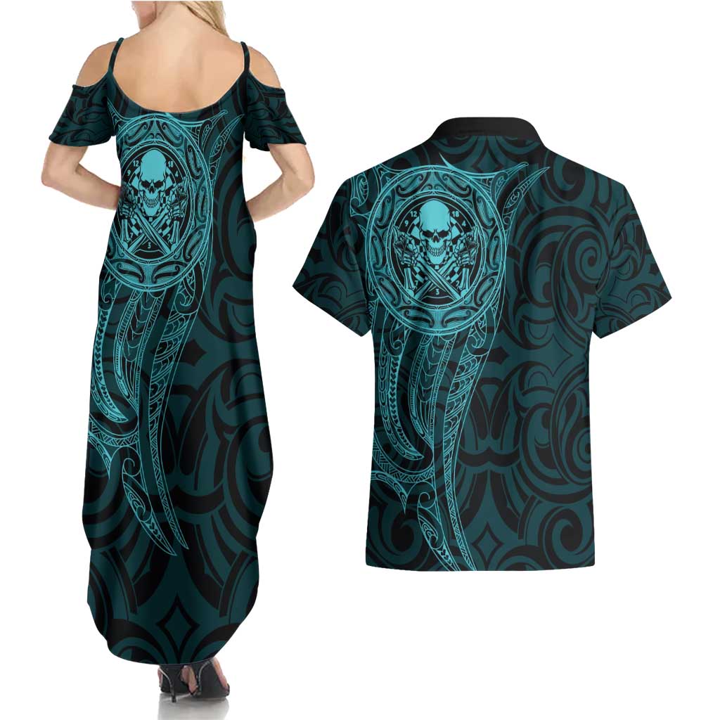 New Zealand Skull Darts Couples Matching Summer Maxi Dress and Hawaiian Shirt Aotearoa Maori Chest Tattoo Stylized Teal LT14 - Polynesian Pride