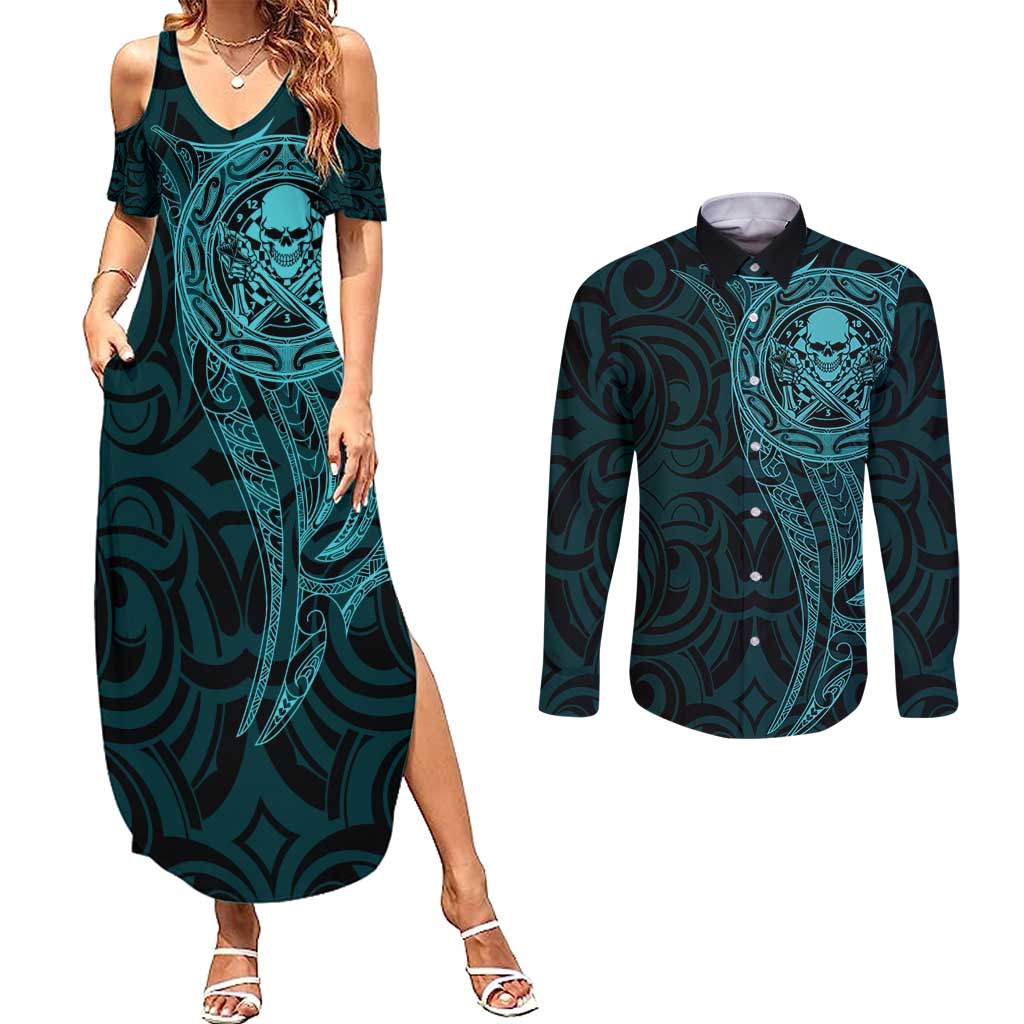New Zealand Skull Darts Couples Matching Summer Maxi Dress and Long Sleeve Button Shirt Aotearoa Maori Chest Tattoo Stylized Teal LT14 Teal - Polynesian Pride