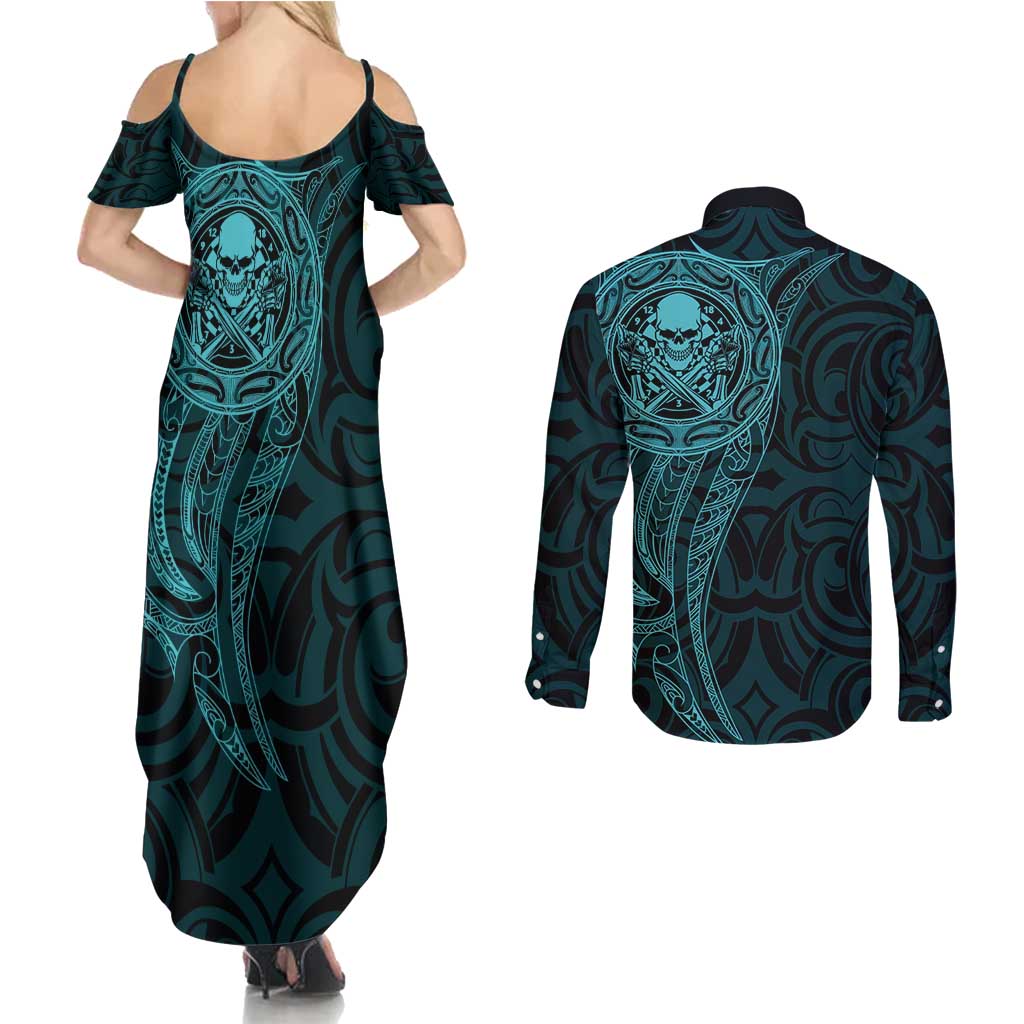 New Zealand Skull Darts Couples Matching Summer Maxi Dress and Long Sleeve Button Shirt Aotearoa Maori Chest Tattoo Stylized Teal LT14 - Polynesian Pride