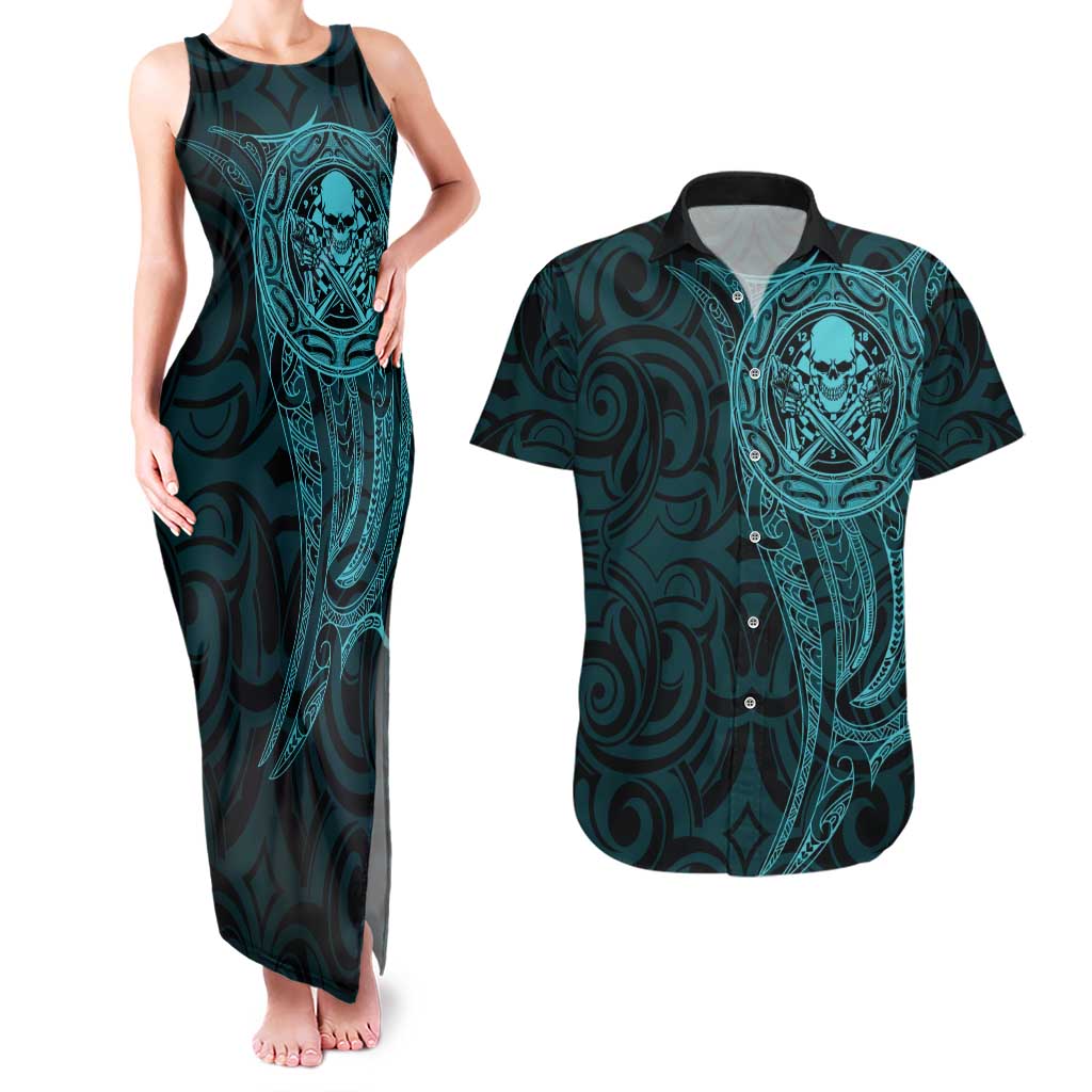 New Zealand Skull Darts Couples Matching Tank Maxi Dress and Hawaiian Shirt Aotearoa Maori Chest Tattoo Stylized Teal LT14 Teal - Polynesian Pride