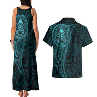 New Zealand Skull Darts Couples Matching Tank Maxi Dress and Hawaiian Shirt Aotearoa Maori Chest Tattoo Stylized Teal LT14 - Polynesian Pride