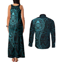 New Zealand Skull Darts Couples Matching Tank Maxi Dress and Long Sleeve Button Shirt Aotearoa Maori Chest Tattoo Stylized Teal LT14 - Polynesian Pride